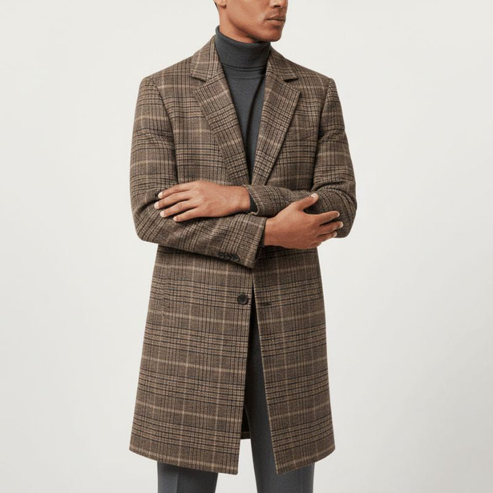 Brown Plaid Wool-Blend Overcoat buttoned front view