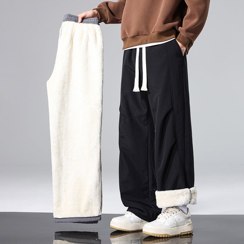 Black Plush-Lined Fleece Pants front view with lining shown