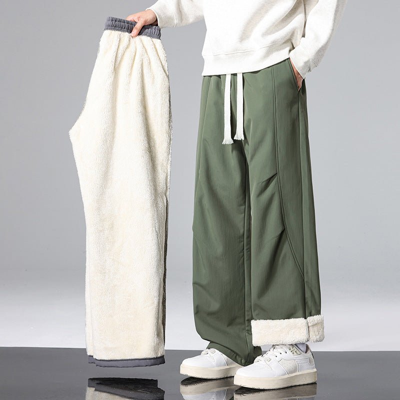 Green Plush-Lined Fleece Pants front view with lining shown