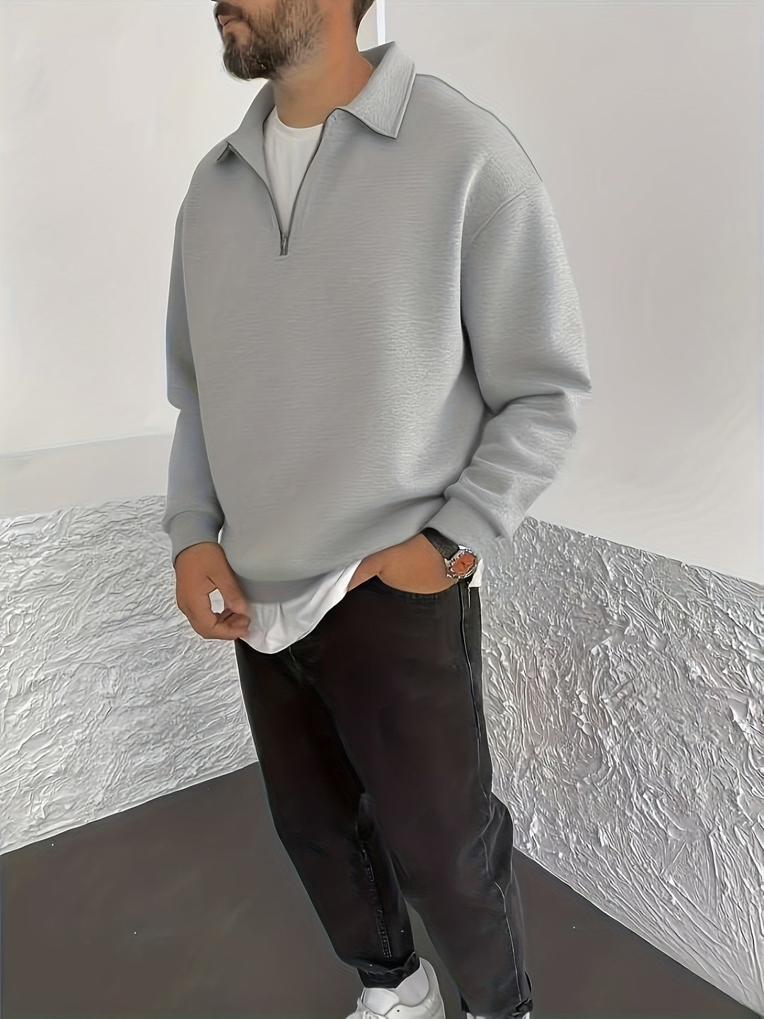 Light Gray Half-Zip Polo Sweatshirt side view