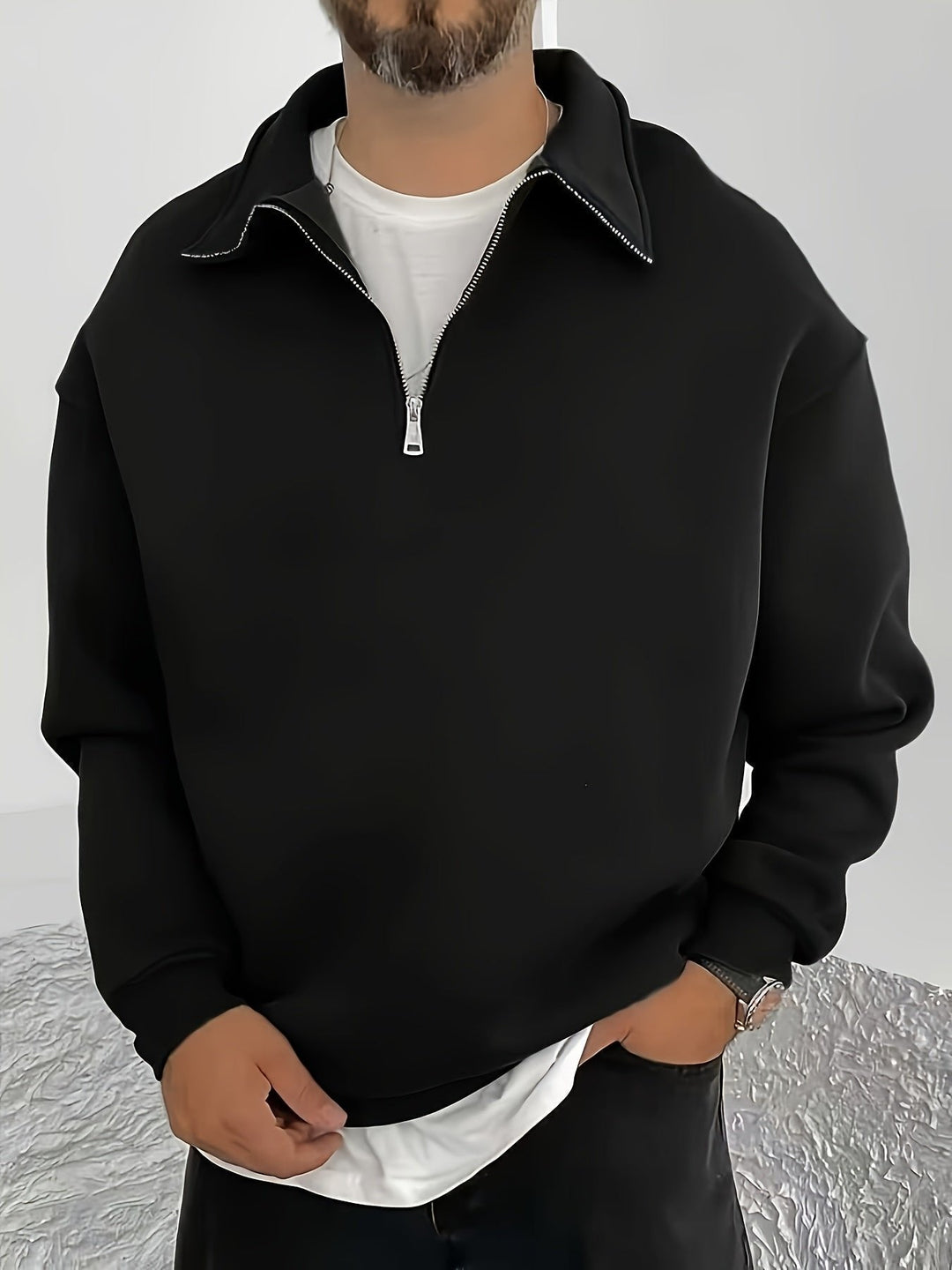 Black Half-Zip Polo Sweatshirt front view