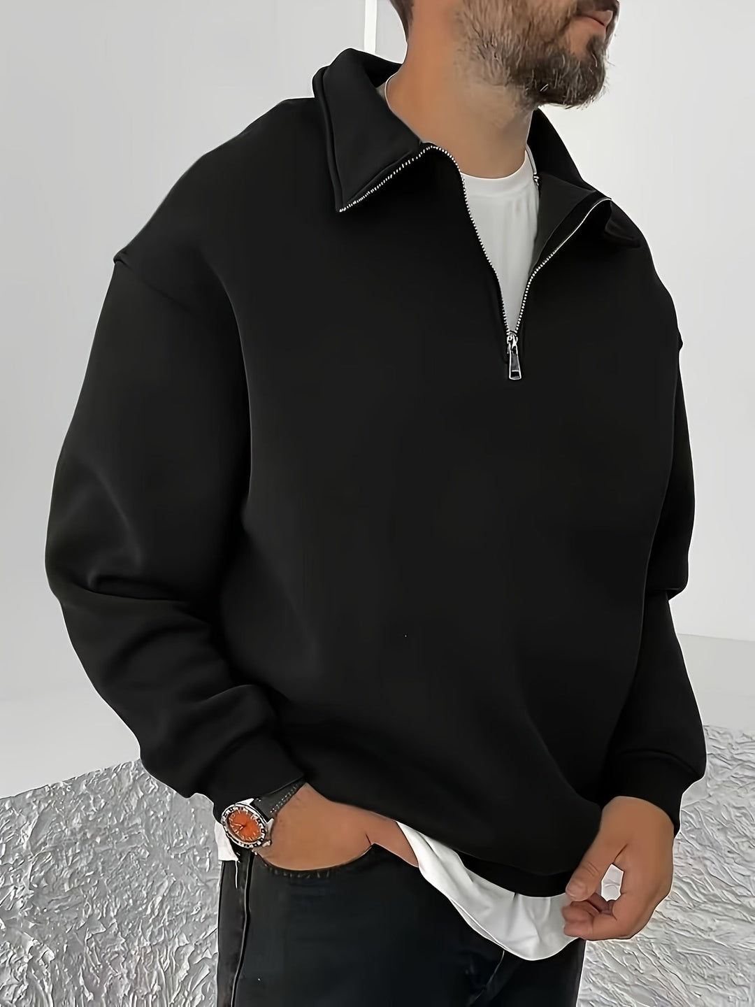 Black Half-Zip Polo Sweatshirt front angle