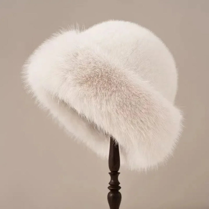 White Plush Mongolian Fur Winter Hat front view