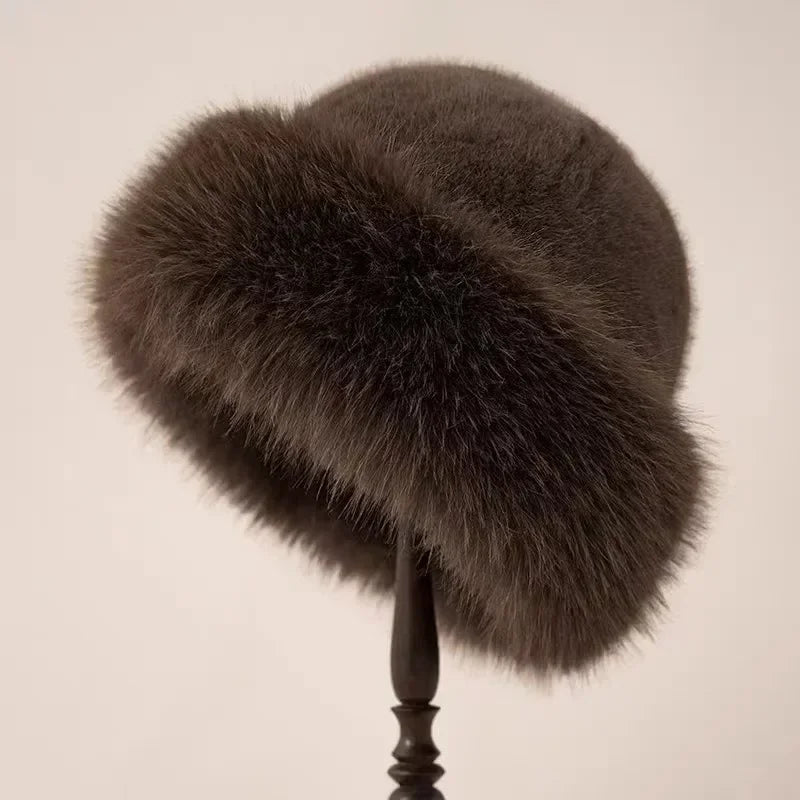 Brown Plush Mongolian Fur Winter Hat front view