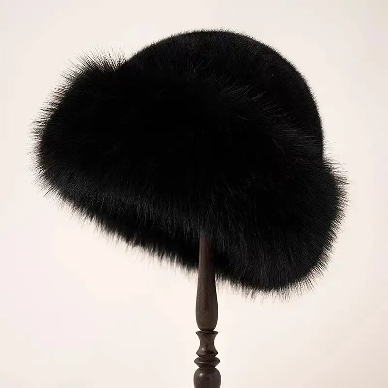 Classic Black Plush Mongolian Fur Winter Hat front view