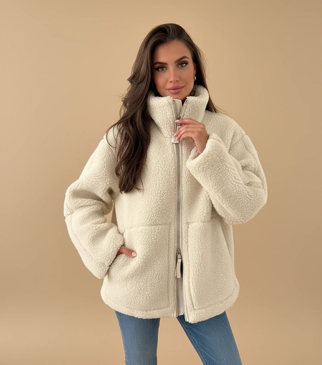 White Plush Sherpa Full-Zip Jacket worn front view