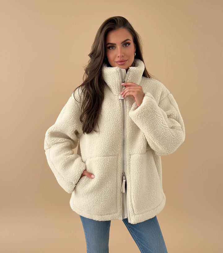 White Plush Sherpa Full-Zip Jacket worn front view