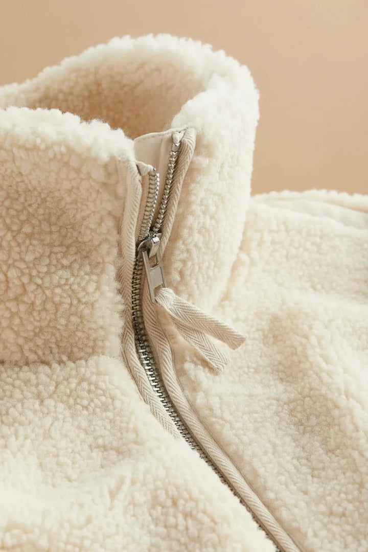 White Plush Sherpa Full-Zip Jacket collar zip detail