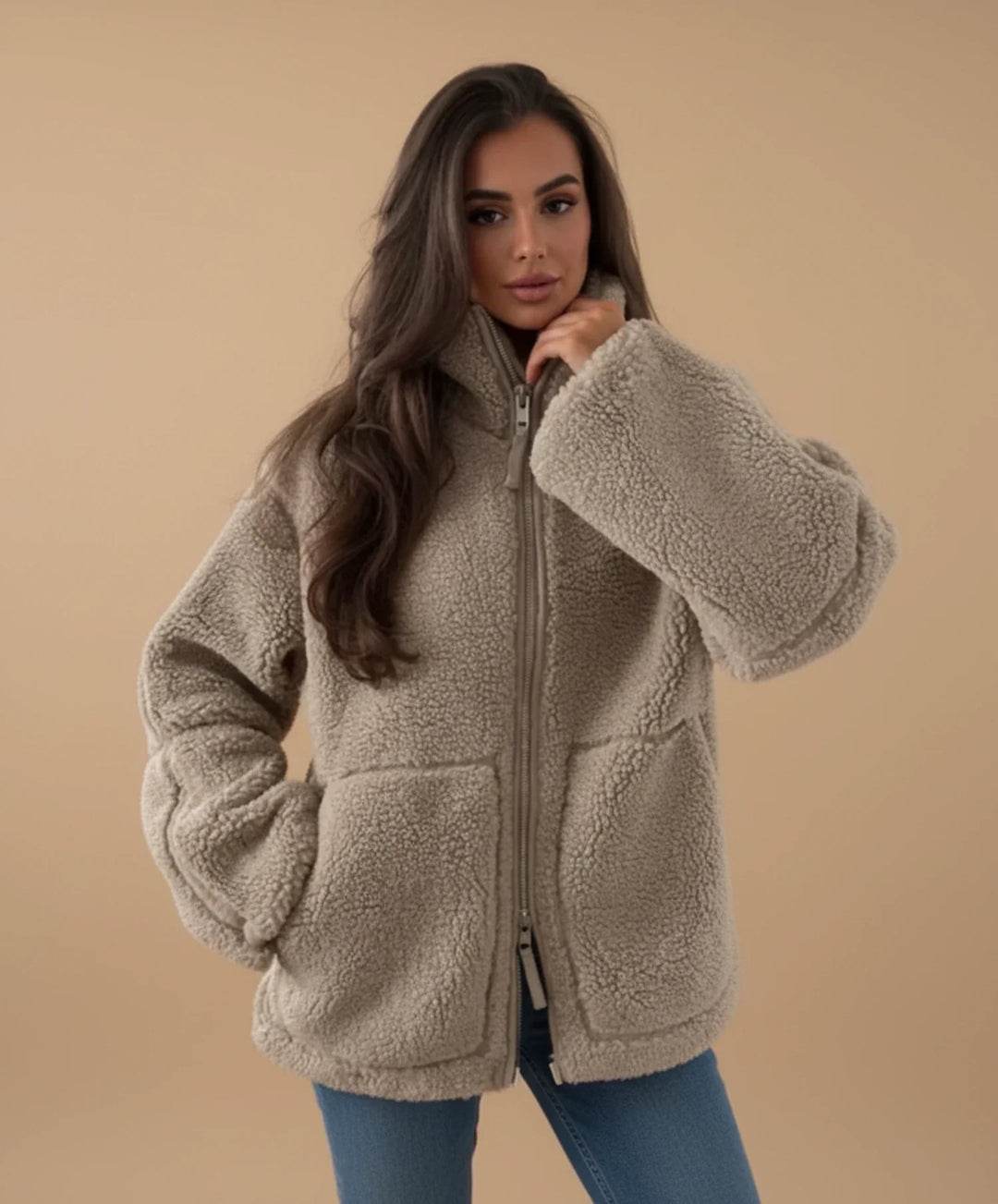 Beige Plush Sherpa Full-Zip Jacket worn front view