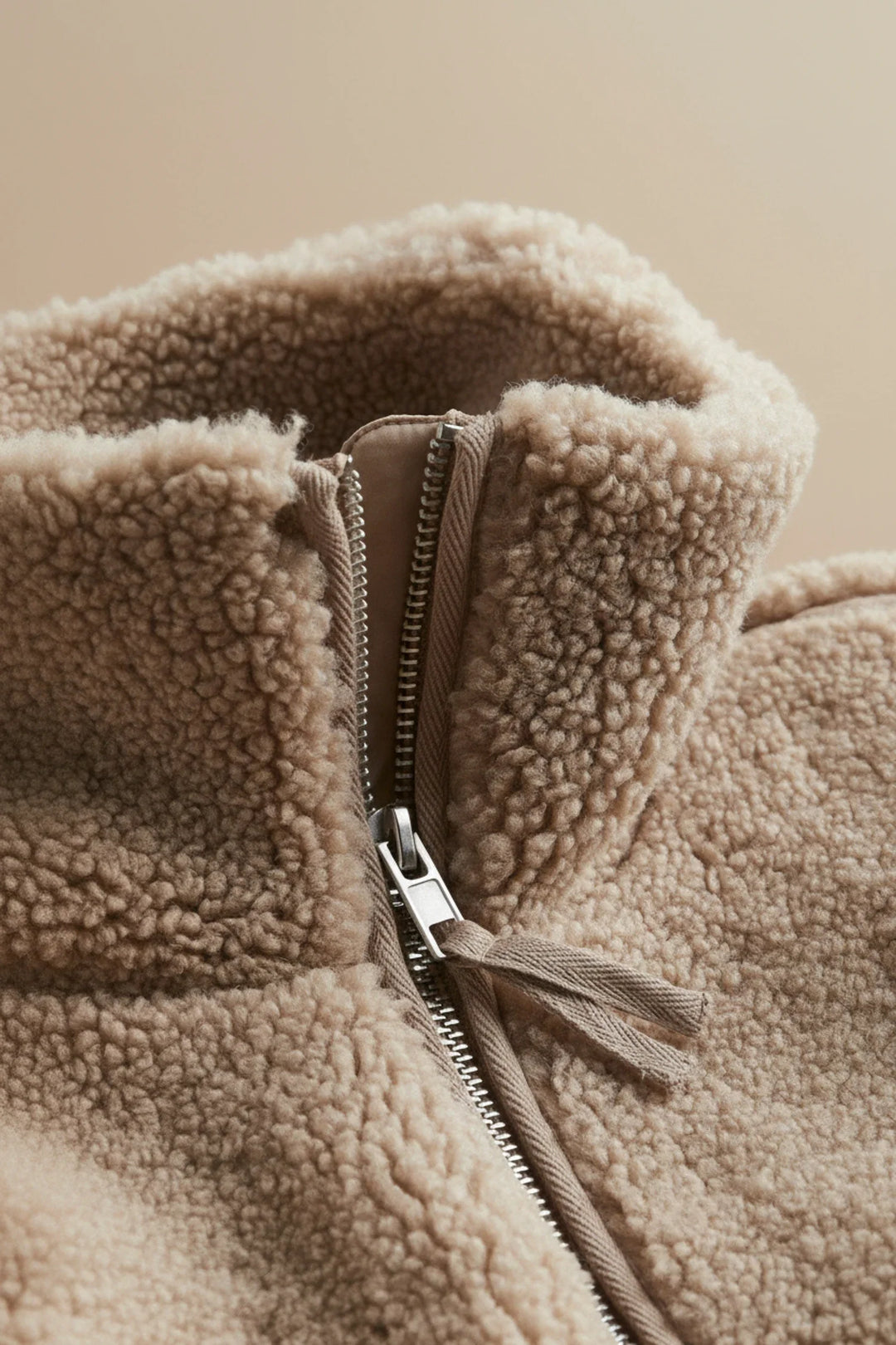 Beige Plush Sherpa Full-Zip Jacket collar zip detail