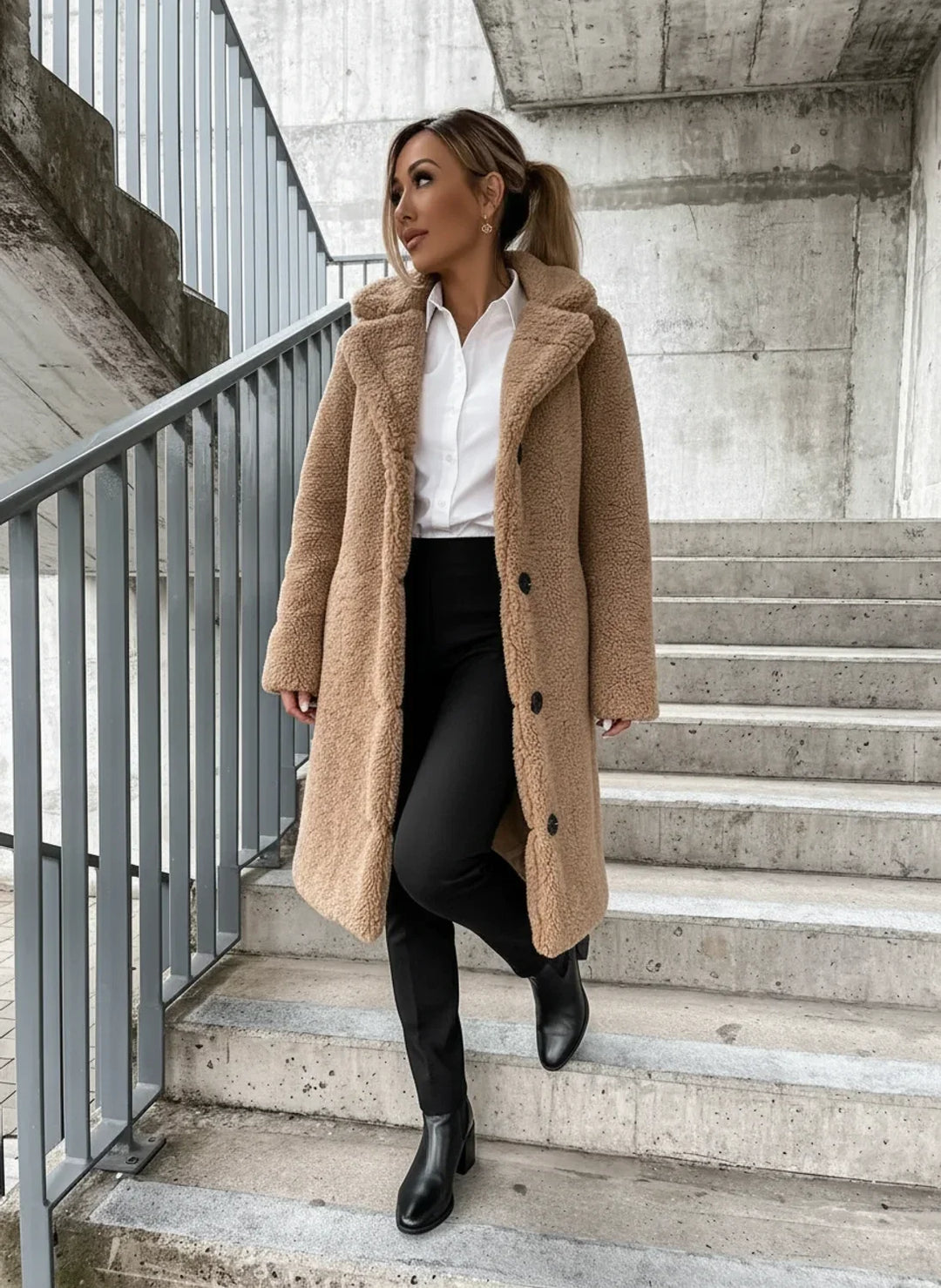 Beige Plush Teddy Longline Coat worn front view
