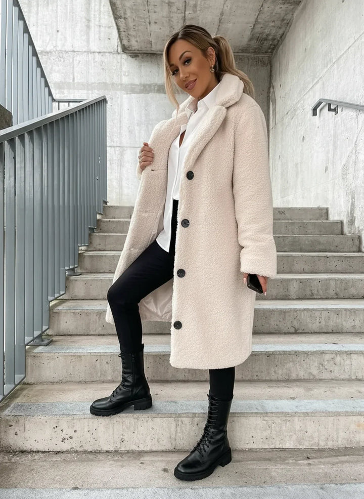 Cream Plush Teddy Longline Coat worn front view