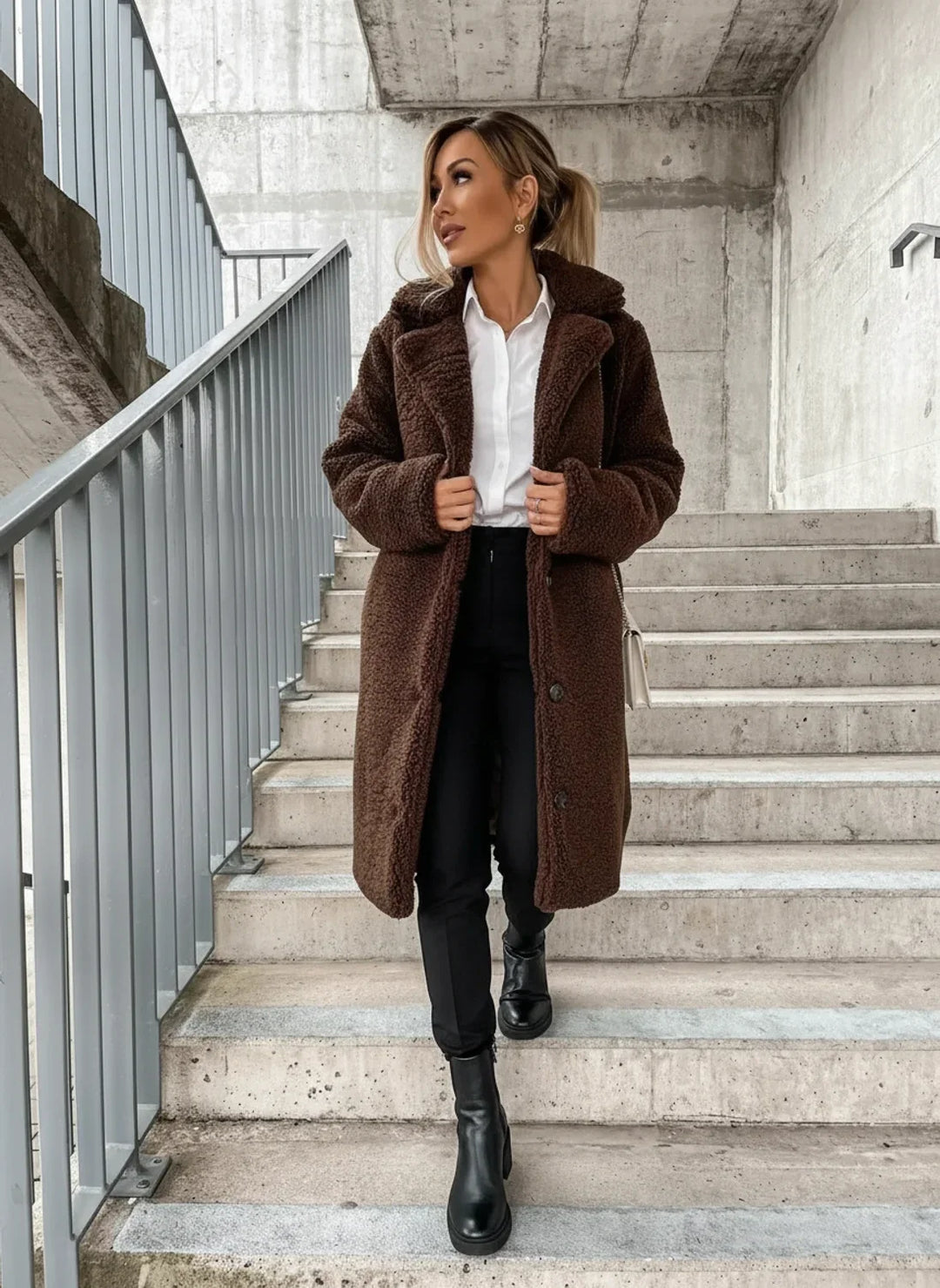 Dark Brown Plush Teddy Longline Coat worn front view