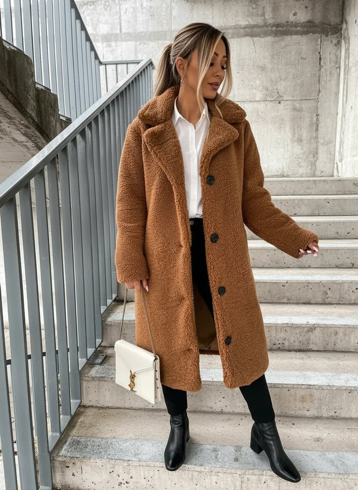 Brown Plush Teddy Longline Coat worn front view
