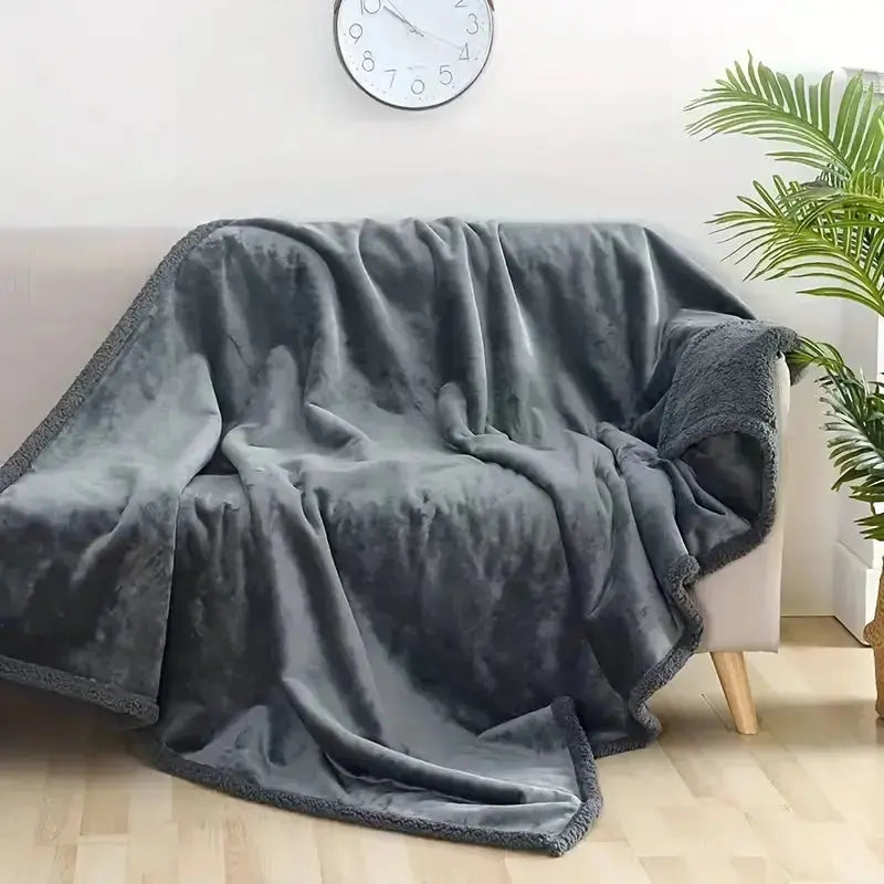 Gray Plush Waterproof Throw Blanket spread on a bed
