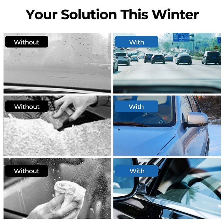 Portable car heater shown in winter driving situations