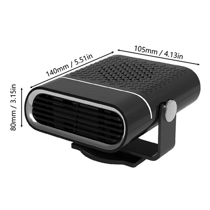 Black portable car heater side view with dimensions