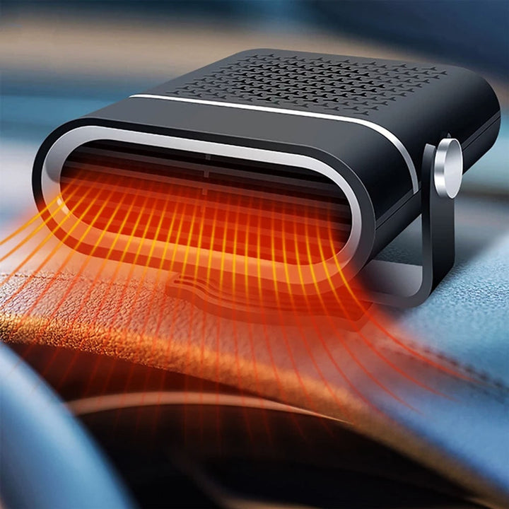 Portable car heater placed on a car dashboard