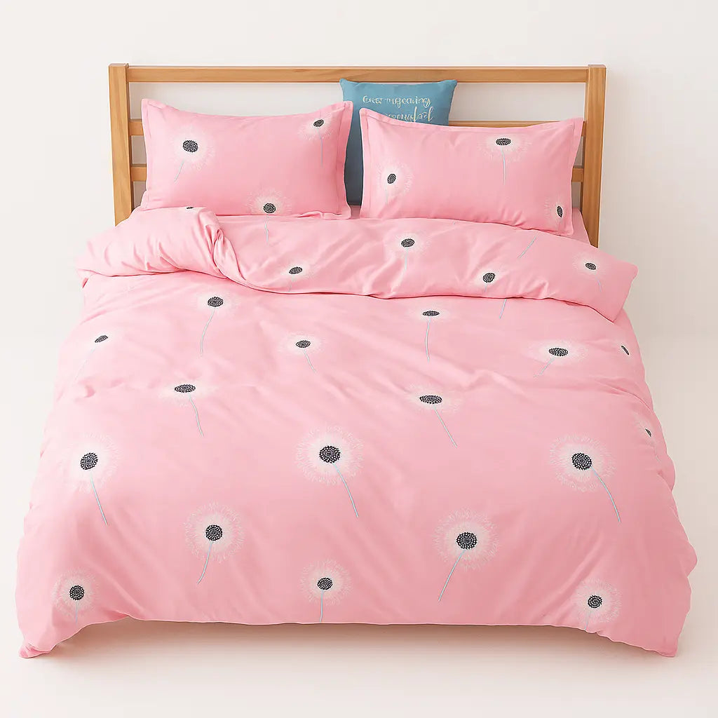 Baby Pink Daisy Print Acetate Duvet Cover on bed front view