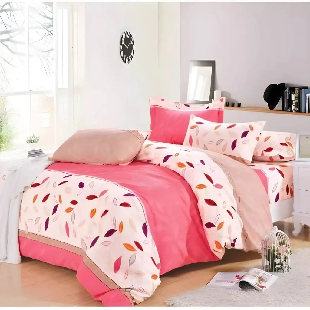 Pink Leaf Print Acetate Duvet Cover on bed