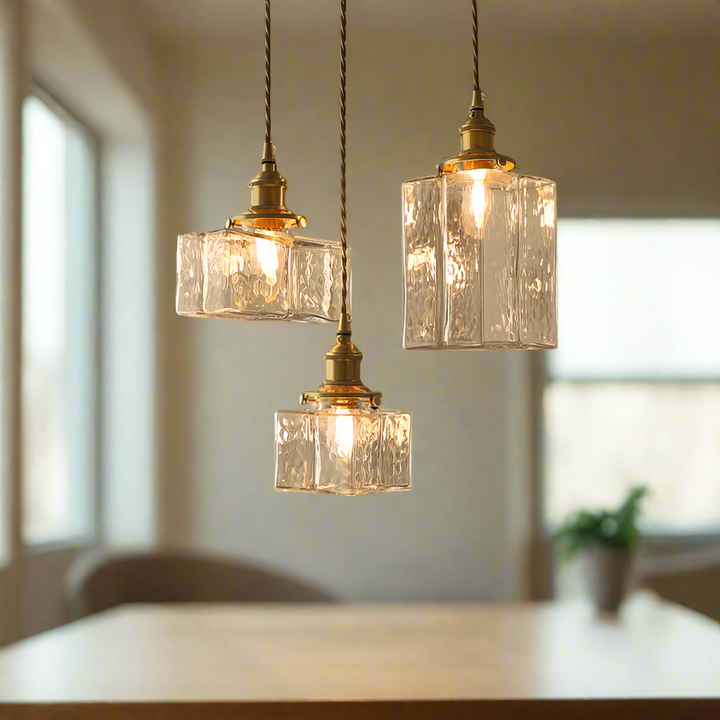 Retro Savoy Glass Pendant Light: Textured Sculptural Forms & Brass Finish for Modern Interiors