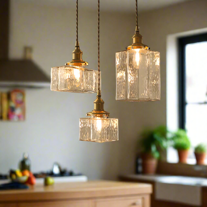 Retro Savoy Glass Pendant Light: Textured Sculptural Forms & Brass Finish for Modern Interiors