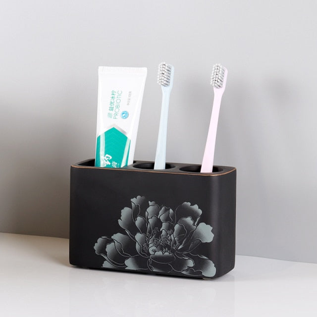 Black Peony Resin Bathroom Set toothbrush holder