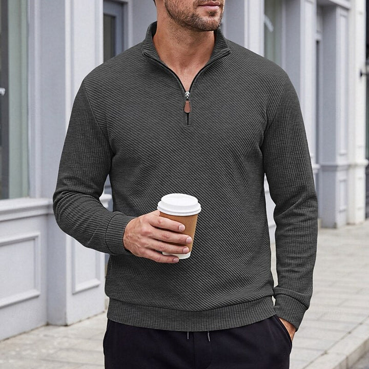 Diagonal Rib Quarter-Zip Sweater with Stand Collar