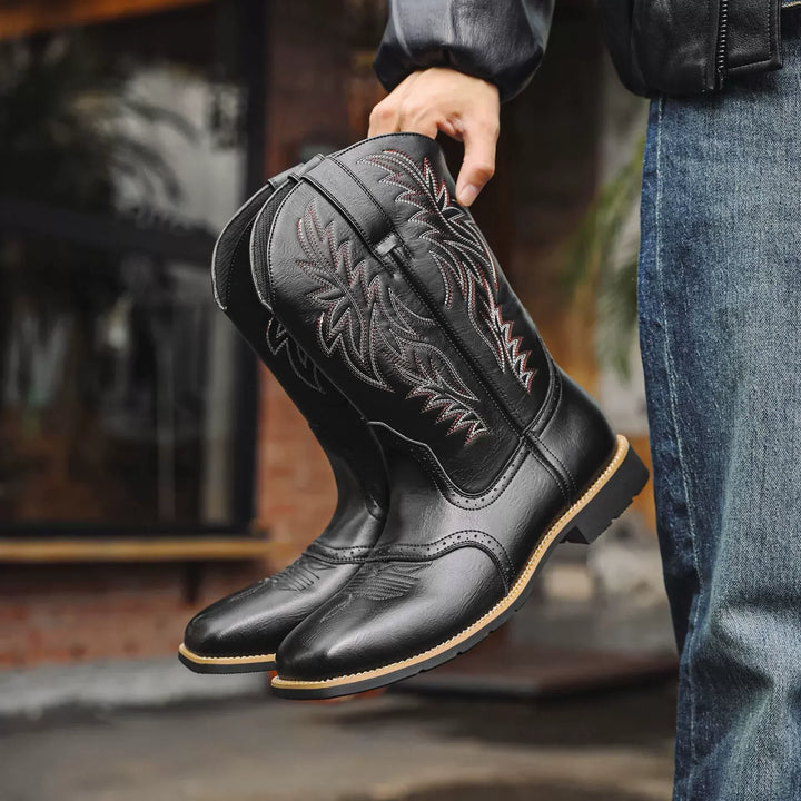 Black Pull-On Cowboy Boots held side view