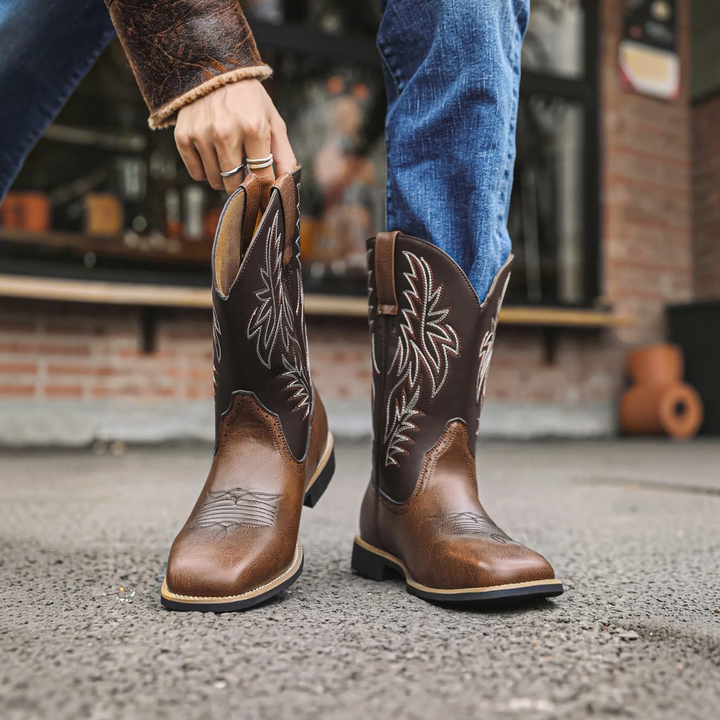 Dark Brown Pull-On Cowboy Boots worn front view