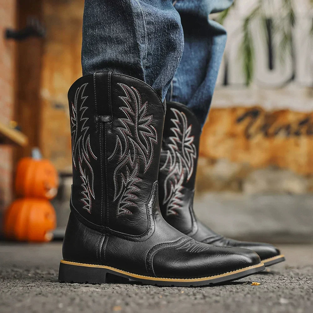 Black Pull-On Cowboy Boots worn close-up