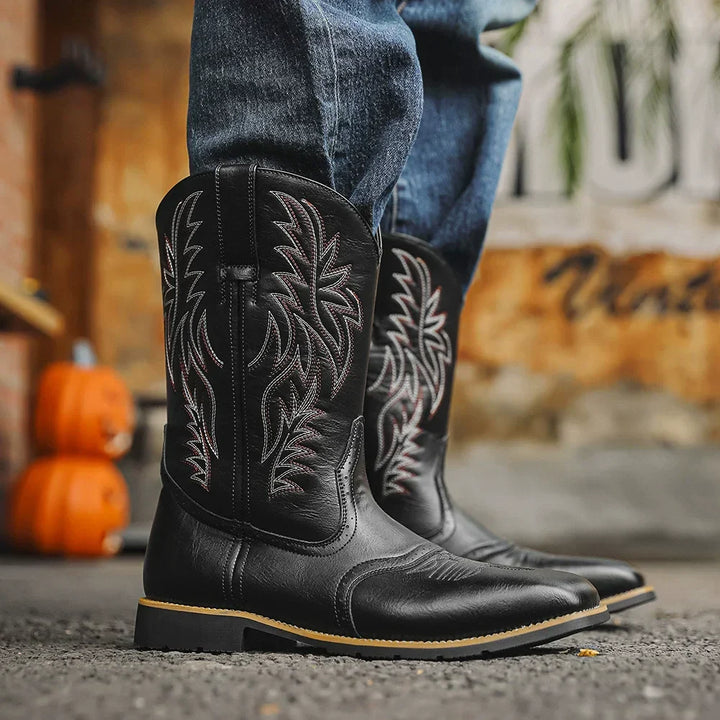 Black Pull-On Cowboy Boots worn close-up