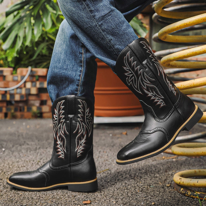 Black Pull-On Cowboy Boots worn front and side view