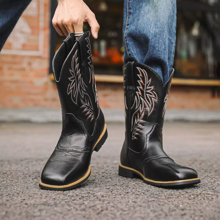 Black Pull-On Cowboy Boots flame-stitch shaft detail
