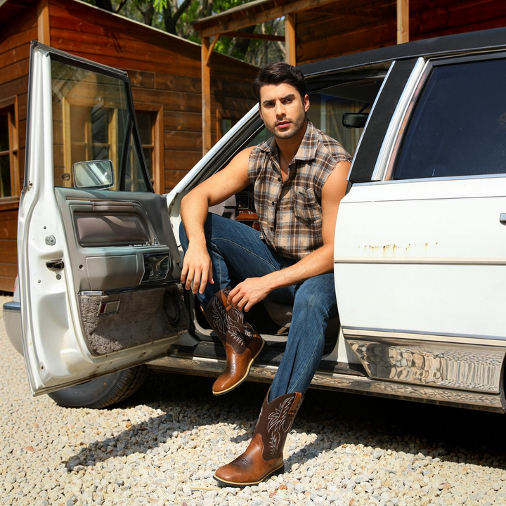 Brown Pull-On Cowboy Boots worn lifestyle