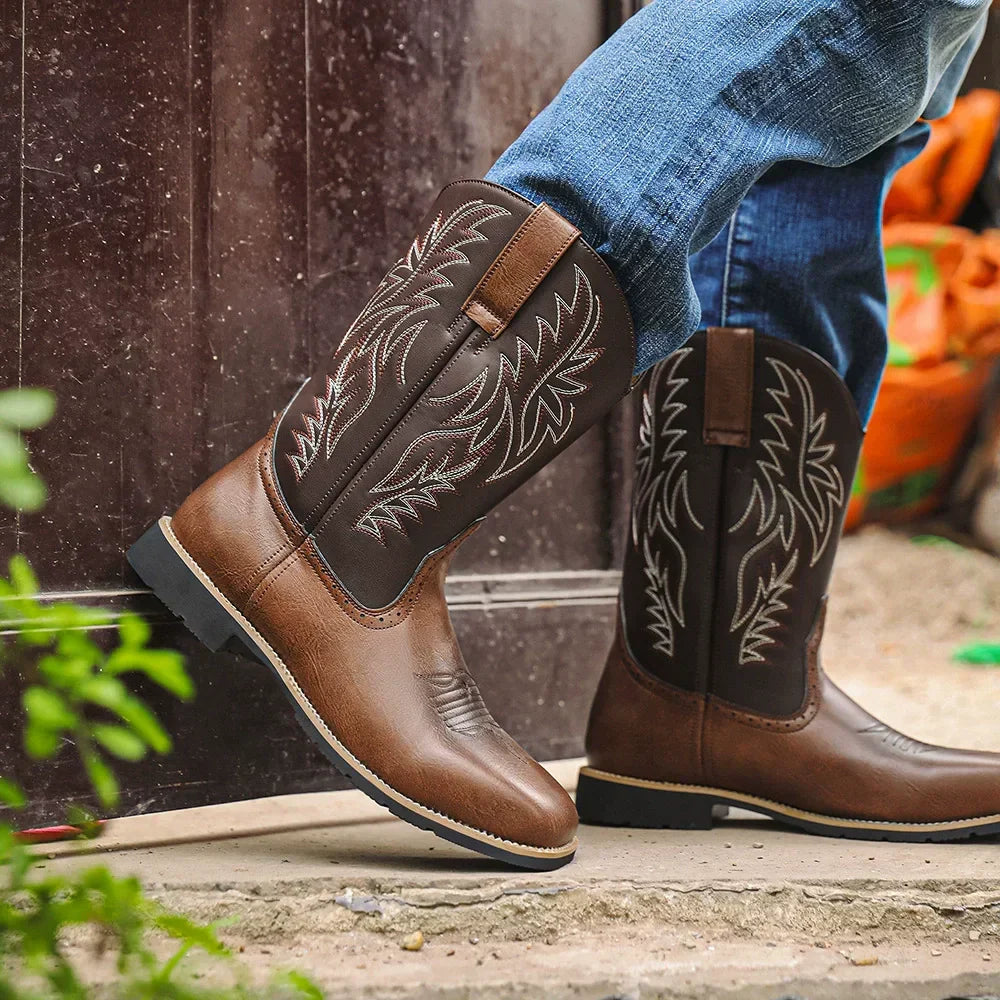 Dark Brown Pull-On Cowboy Boots worn close-up