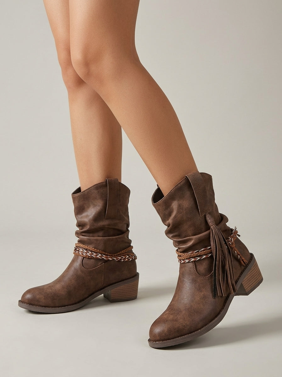Brown pull-on slouch boots with braided wrap strap worn on model