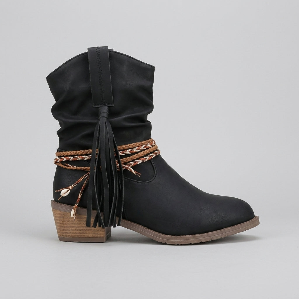 Black pull-on slouch boot side view with tassel detail