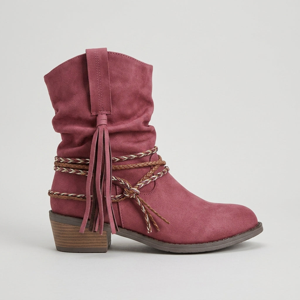 Pink pull-on slouch boot side view with tassel detail
