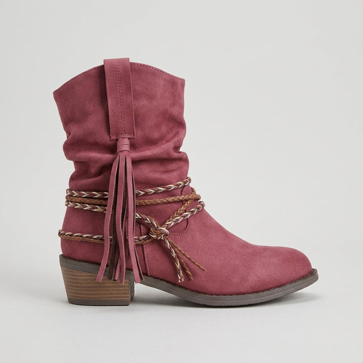 Pink pull-on slouch boot side view with tassel detail