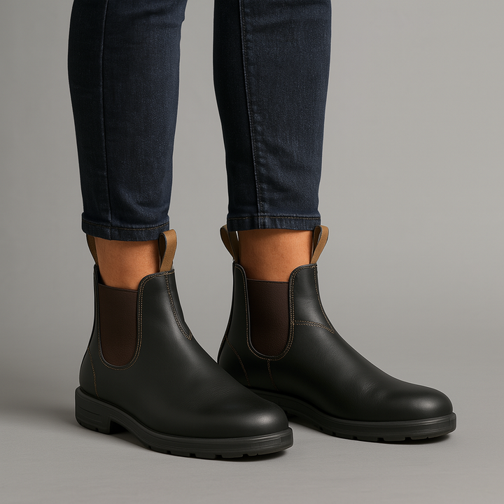 Coffee Pull-Tab Chelsea Boots worn with jeans