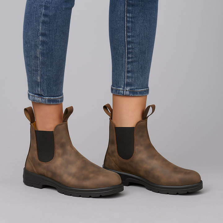 Brown Pull-Tab Chelsea Boots worn with jeans