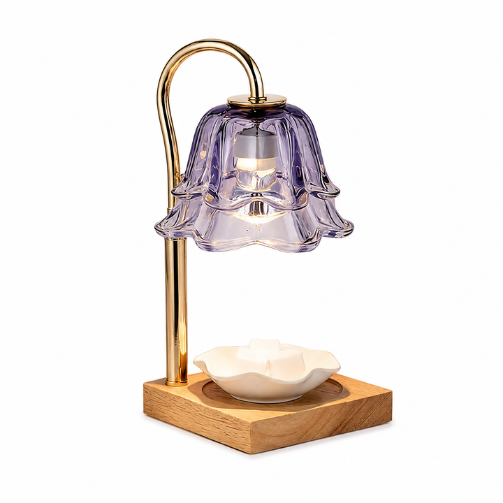 Purple Glass Wax Warmer Lamp on oak wood base