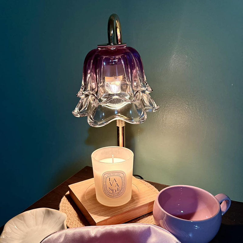 Purple Glass Wax Warmer Lamp warming a candle lifestyle