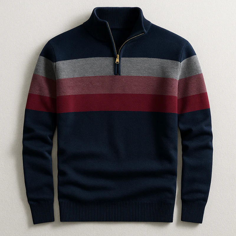 Dark Blue Chest-Stripe Quarter Zip Sweater front view