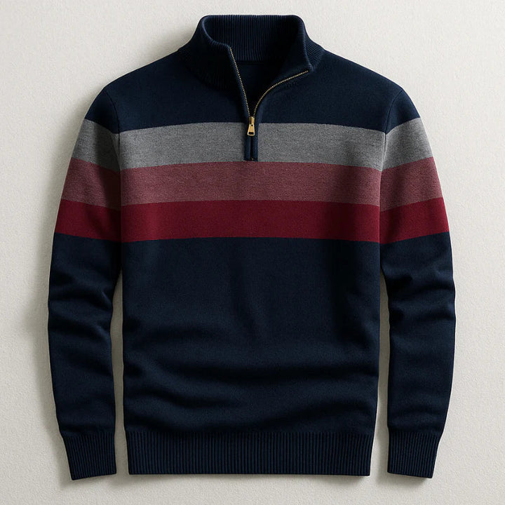 Dark Blue Chest-Stripe Quarter Zip Sweater front view