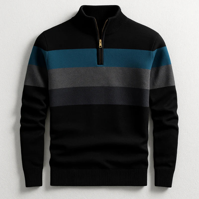 Black Chest-Stripe Quarter Zip Sweater front view
