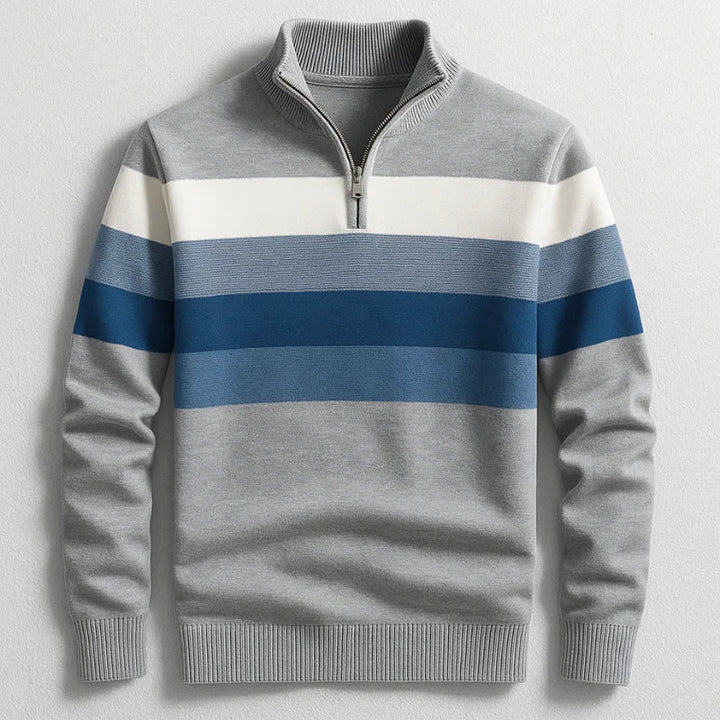 Gray Chest-Stripe Quarter Zip Sweater front view