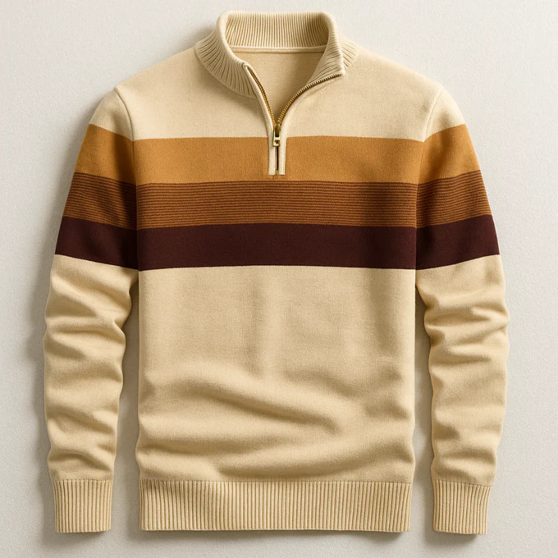 Beige Chest-Stripe Quarter Zip Sweater front view