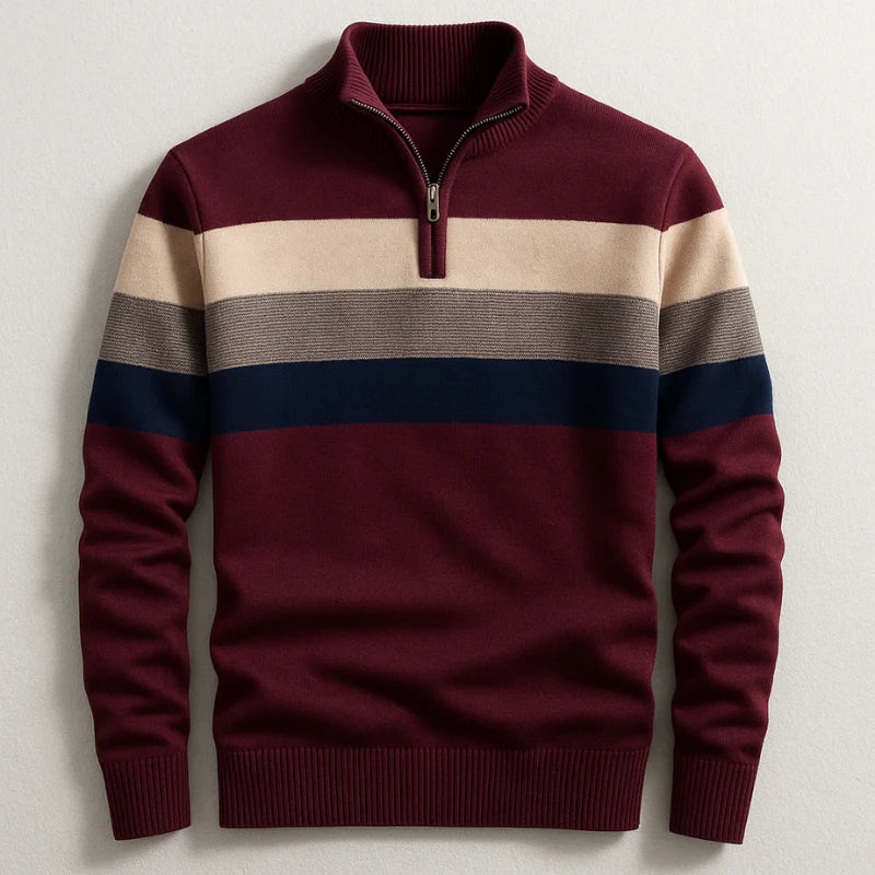 Dark Red Chest-Stripe Quarter Zip Sweater front view